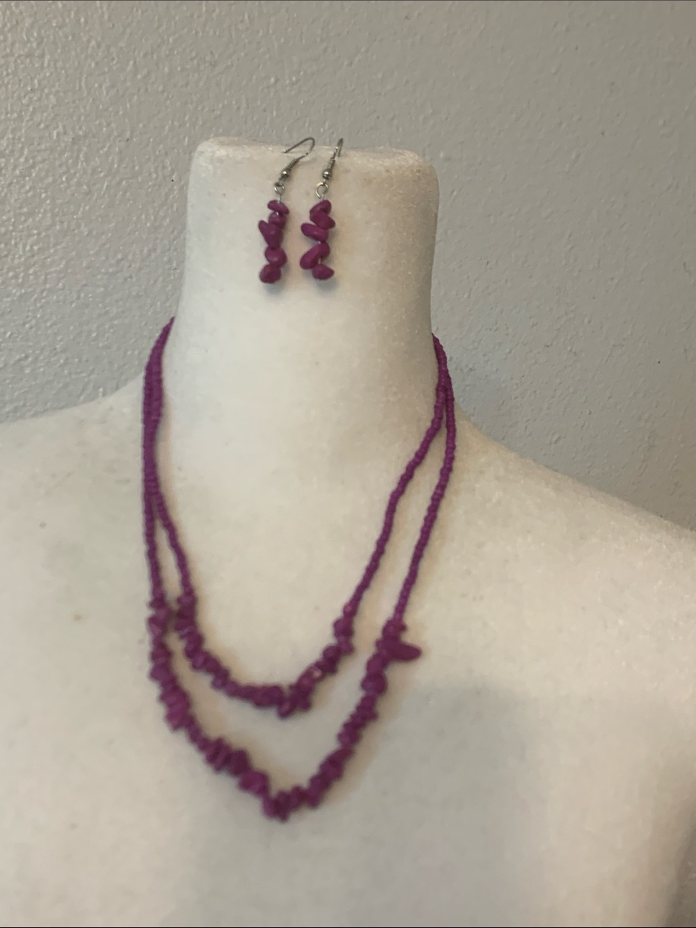 Handmade Purple Multi-Strand Beaded Necklace and Earrings Set